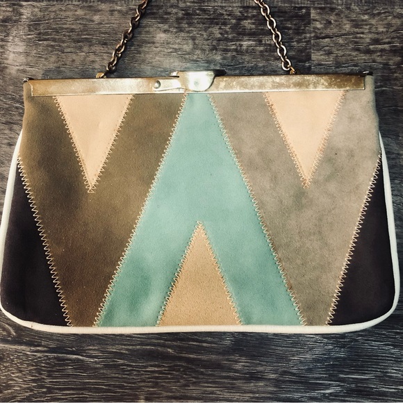 Vintage Ideal Patchwork Color-block Purse Handbag Metal Chain Strap - Picture 4 of 7